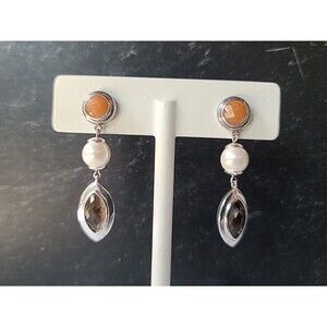 ELLE 925 Sterling Silver Faux Pearl Smoky Quartz Aventurine Dangling Earrings